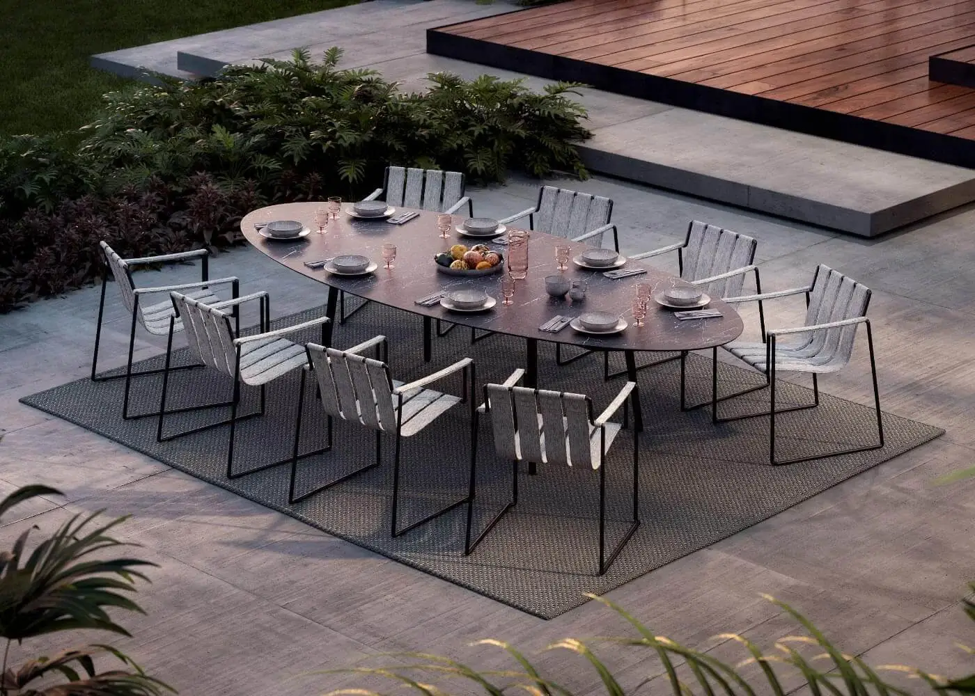 Distinguished Royal Botania Styletto table with tapered legs in coated aluminum and gray ceramic top with matte black finish