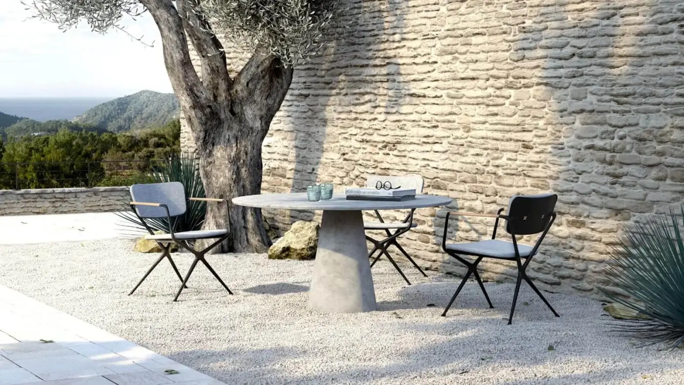 Exceptional Royal Botania Exes armchair with angular cast aluminum frame and tapered teak armrests in light gray textile cushions