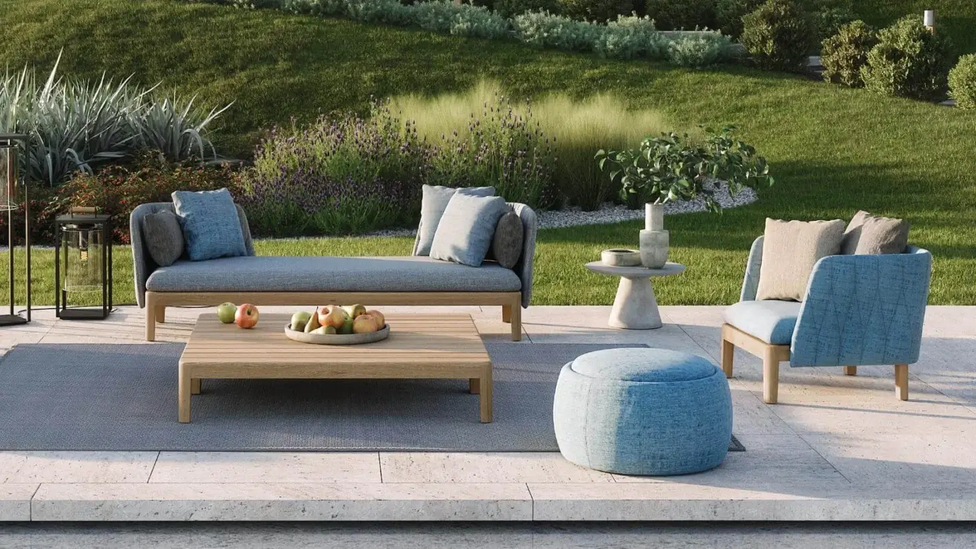 Innovative Royal Botania Tono ottoman with light blue textured textile finish offering storage or planter function