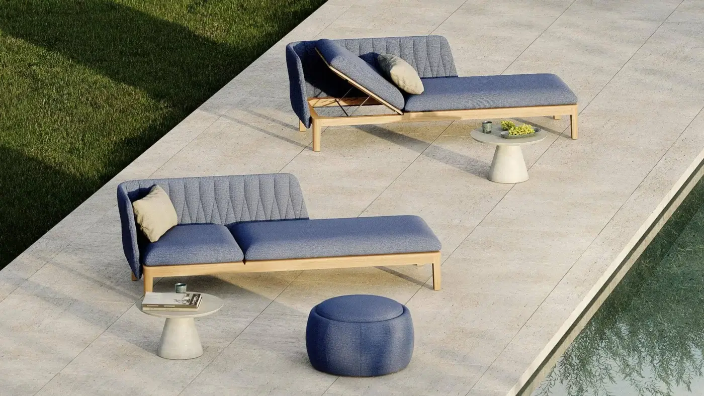Innovative Royal Botania Tono ottoman with a hollow body in moulded plastic and stylish blue textured textile cover