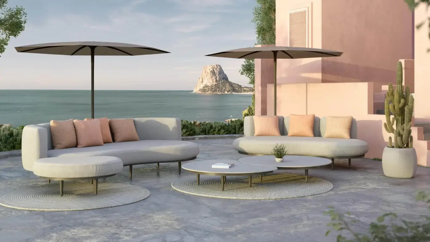 Avant-garde Royal Botania Palma umbrella table with light gray tabletop and dark powder-coated aluminum legs