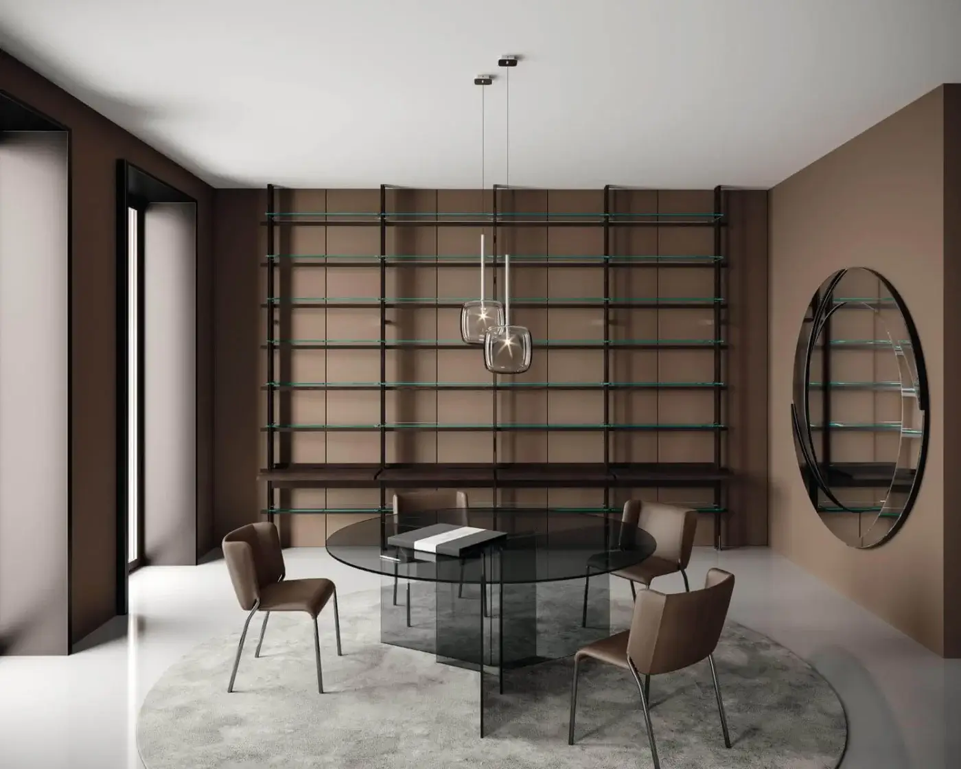 Distinguished Tonelli Design Thrim table with a round glass top and uniquely angled dark-toned base representing Italian glass manufacturing