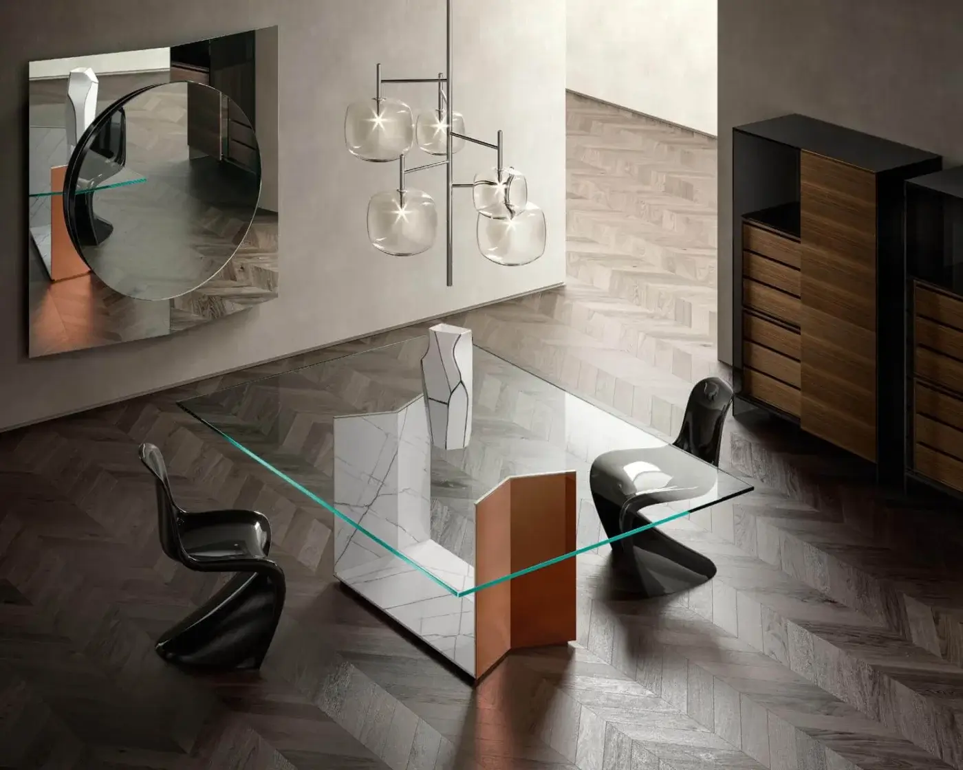 Superior Tonelli Design Shoji cupboard with extra clear glass and Siberian Ash wood sliding door in matte black finish