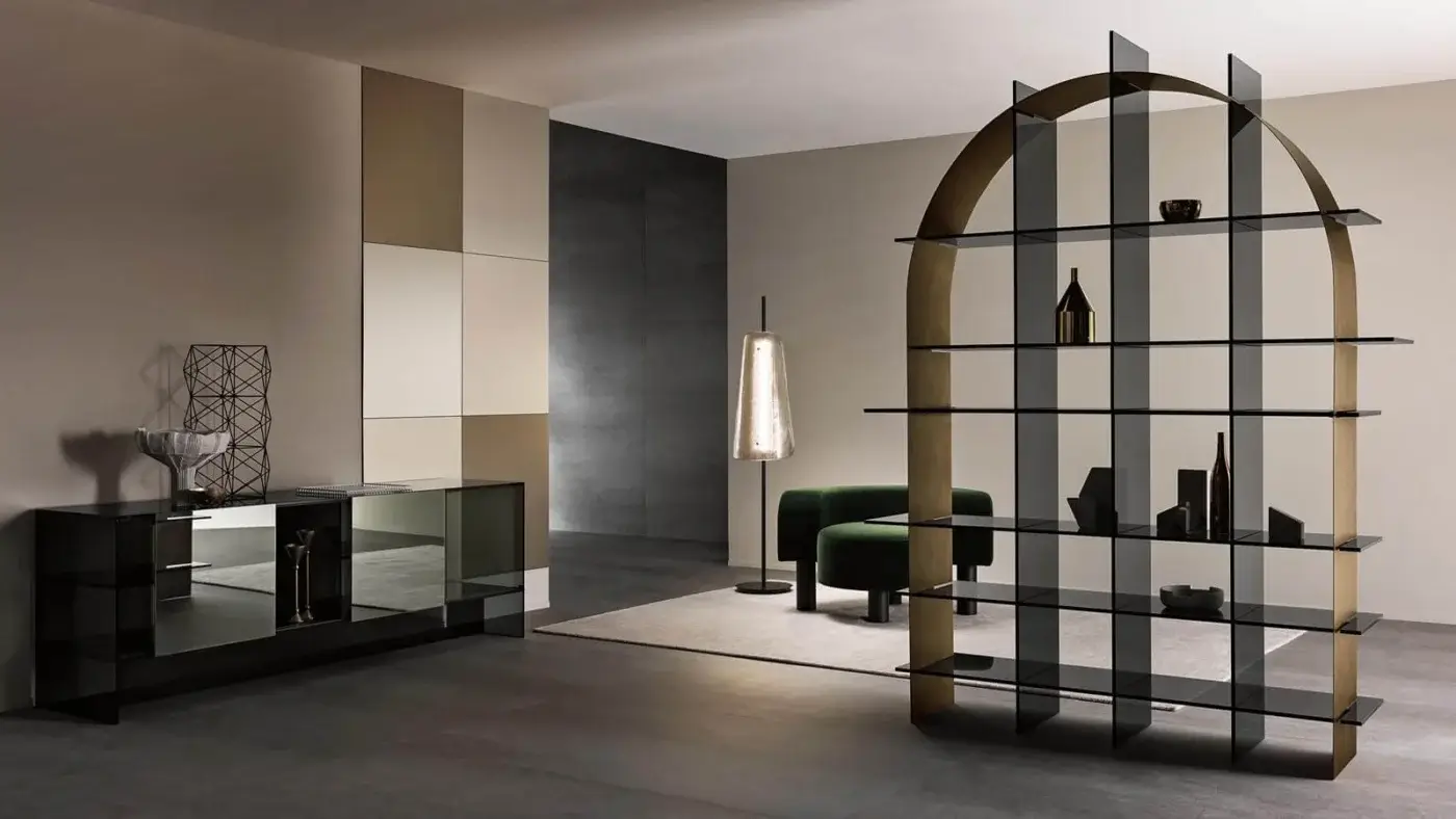 Elegant Tonelli Design Shoji sideboard with smoked glass structure and mirrored sliding doors offering multiple storage compartments