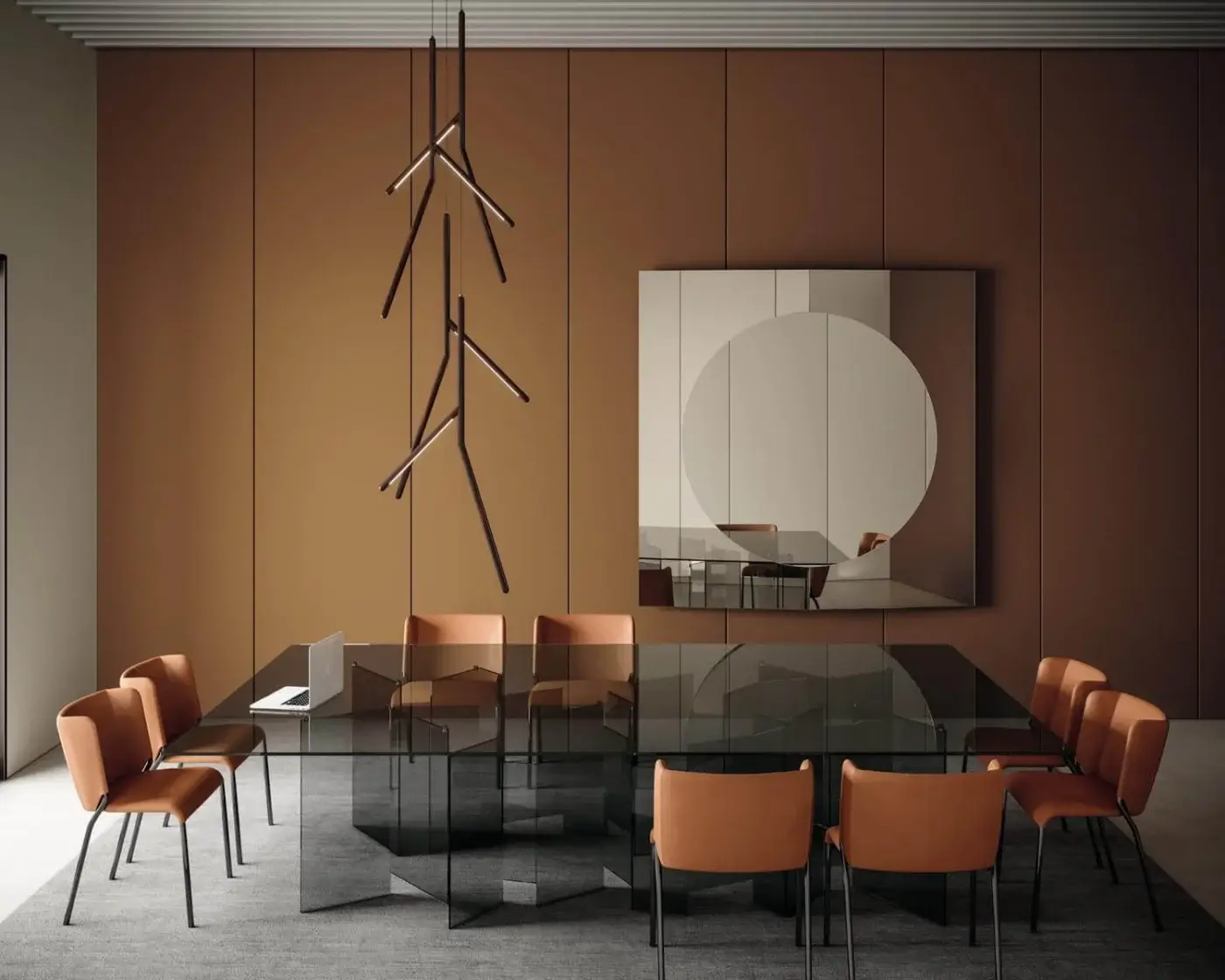 Exceptional Tonelli Design Metropolis table with smoked glass top and geometric welded extra-clear glass slabs