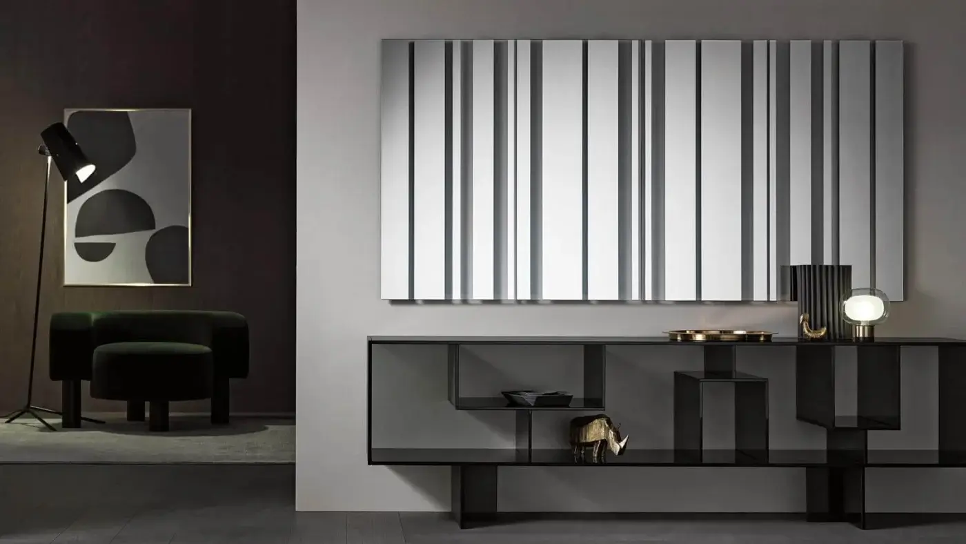 Distinguished Tonelli Design Barcode mirror crafted from alternating mirrored and transparent glass with silver reflective surfaces