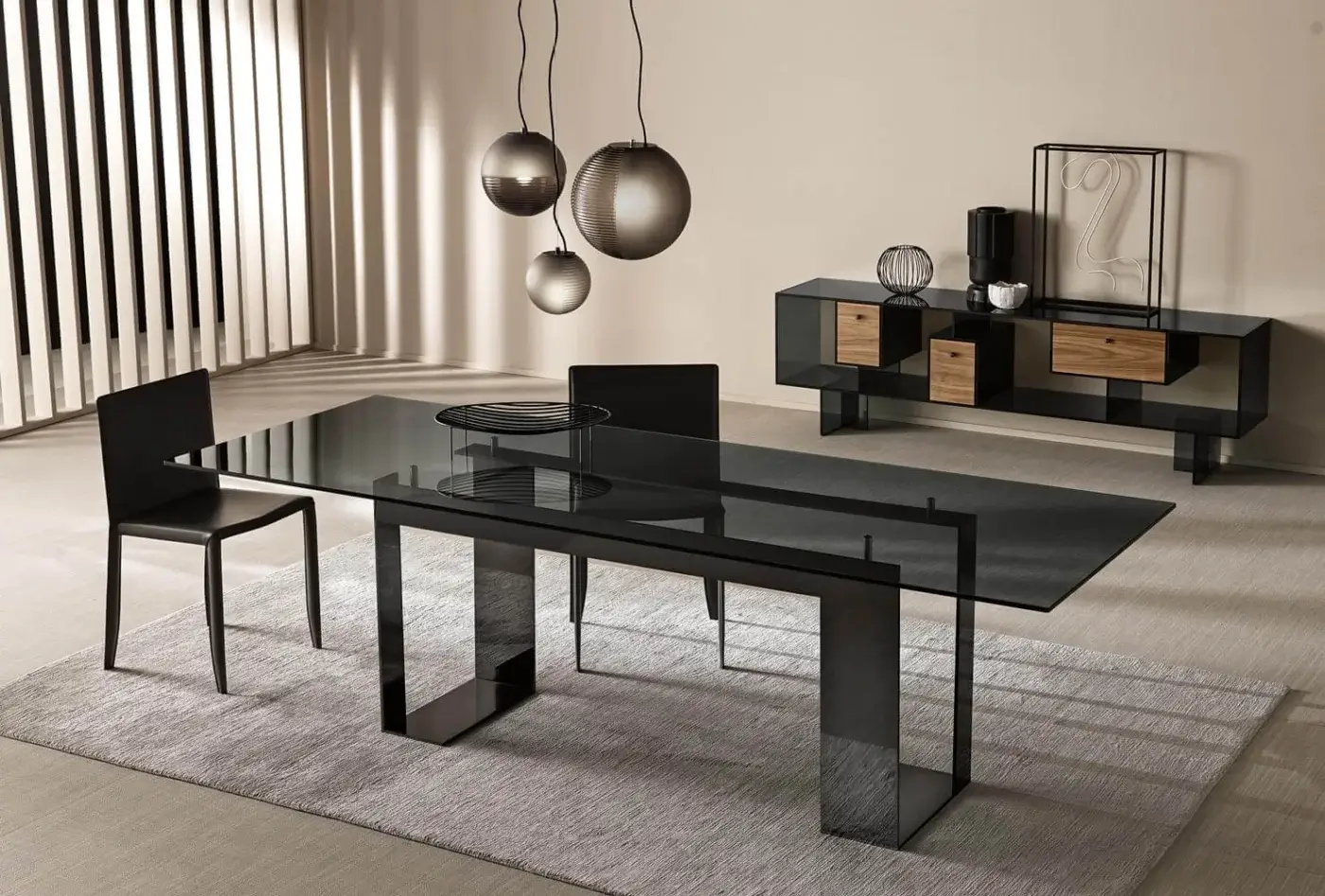 Elegant Tonelli Design Miles table with a rectangular glass top and matt lacquered black metal base