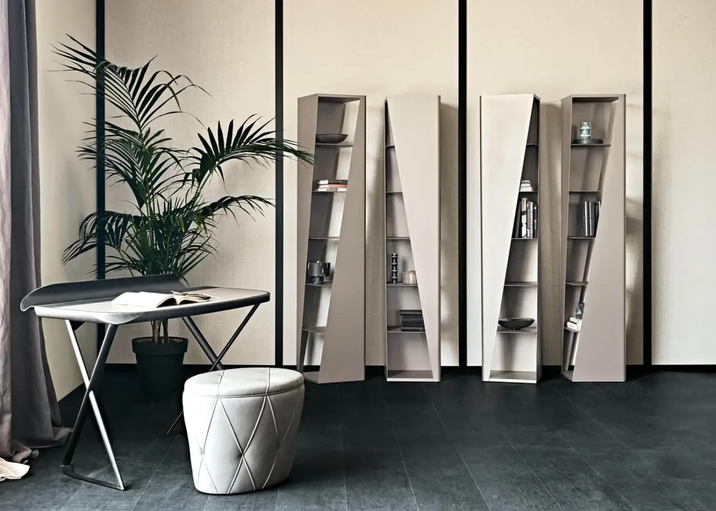 Distinguished Cattelan Italia Rocket bookcase in embossed lacquered steel with matte taupe or light gray finish