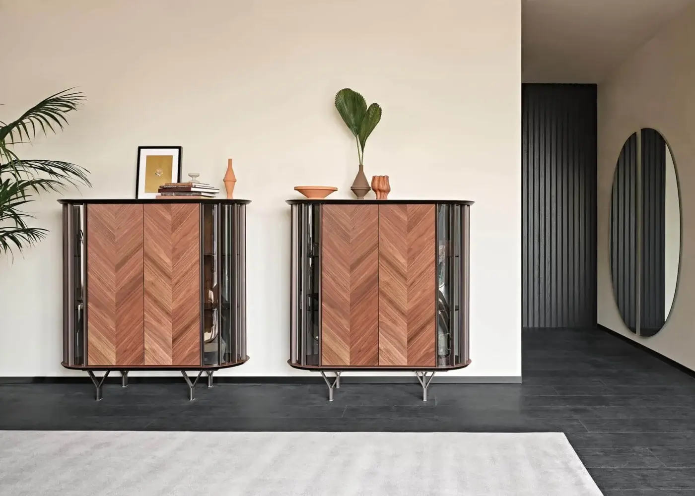 Elegant Cattelan Italia Costes cupboard in Canaletto walnut with embossed lacquered steel and curved transparent glass sides