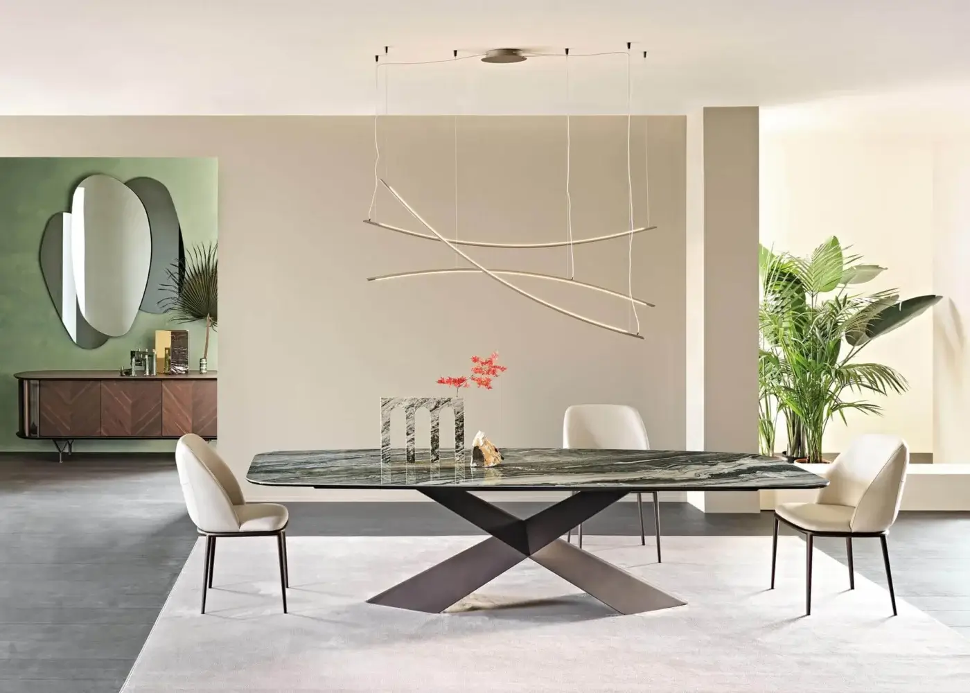 Elegant Cattelan Italia Mariel ML chair with light beige fabric upholstery and dark matte metal base