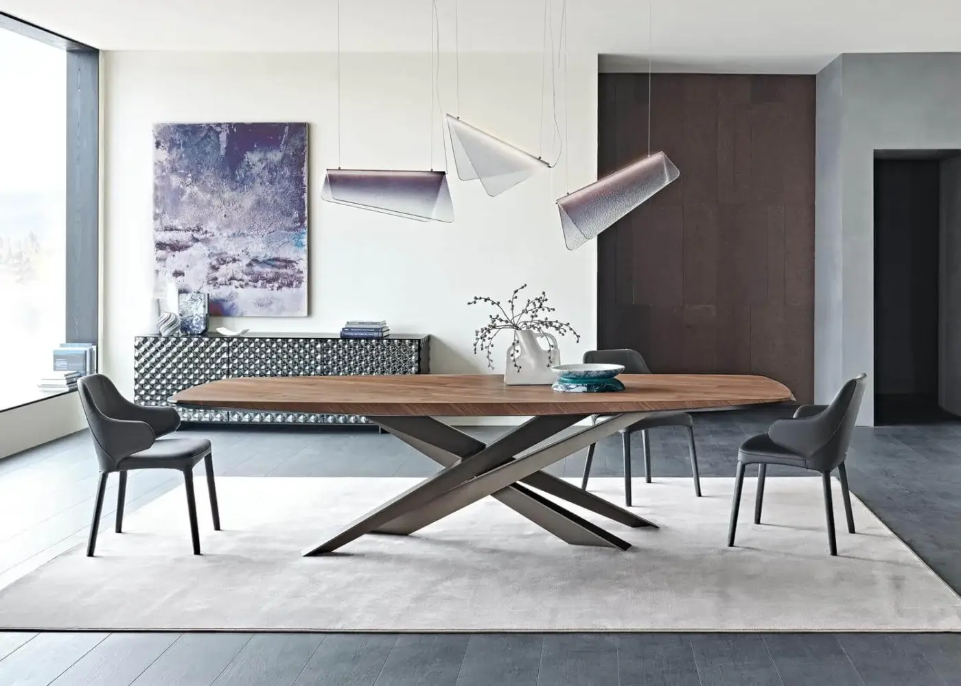 Distinguished Cattelan Italia Lancer Wood table with sculpted boat-shaped top crafted from diagonal wooden planks and embossed lacquered steel legs