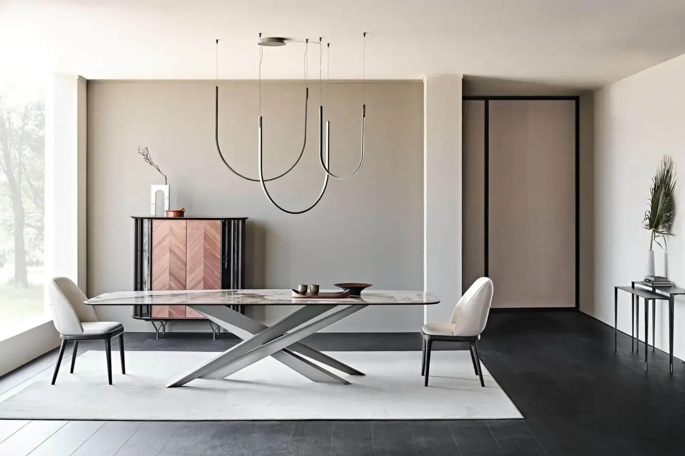 Distinguished Cattelan Italia Lancer table with beige, gray, and brown marbled ceramic top and matte silver embossed lacquered steel base