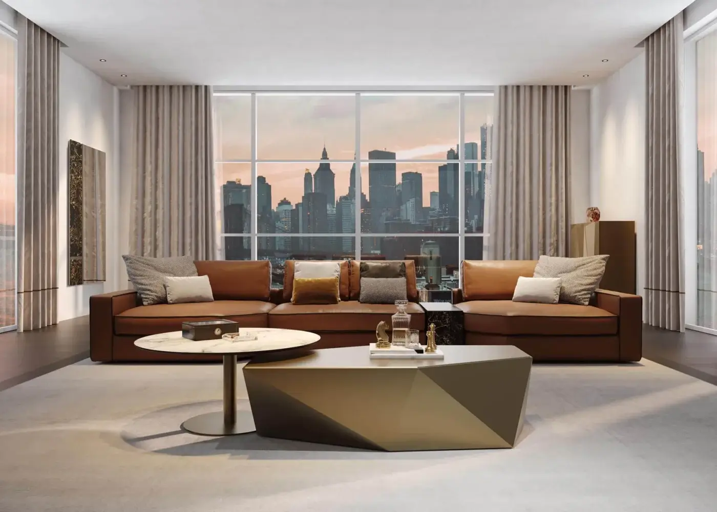 Innovative Reflex Origami coffee table with faceted wood structure and matching glass top in golden and brownish tones