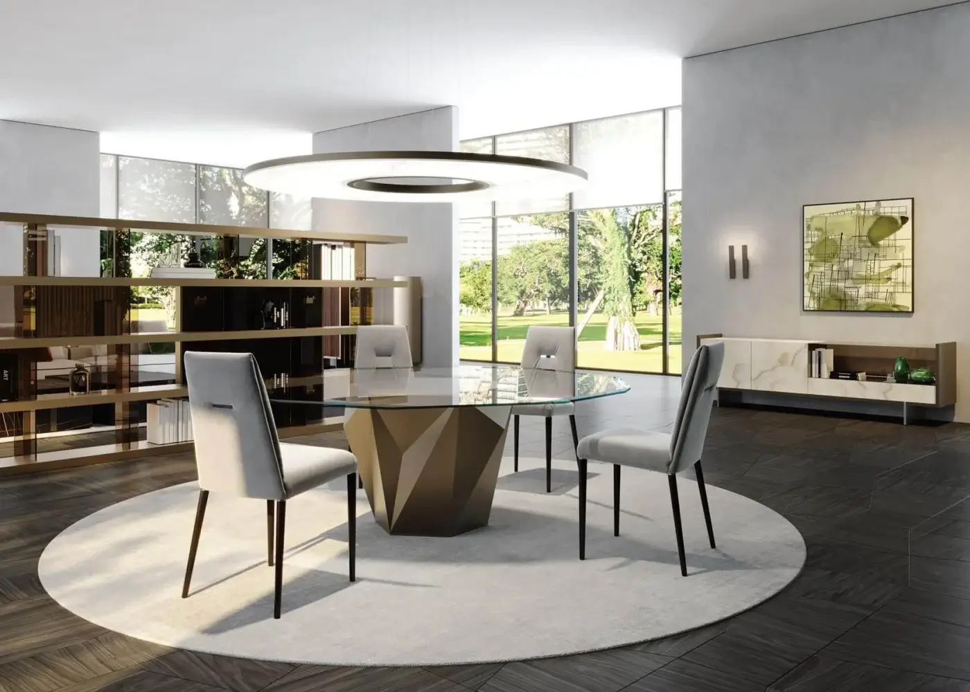 Innovative Reflex Origami table with geometrically shaped faceted wood and round glass surface crafted in a matte medium-brown finish