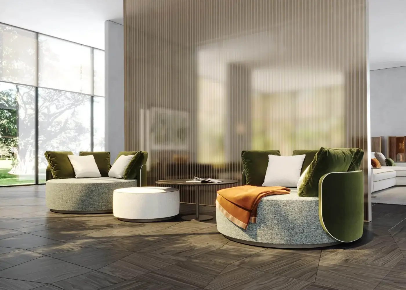 Elegant Reflex Hug chaise lounge with a heathered gray fabric seat and smooth olive green backrest built with a swivel plinth base