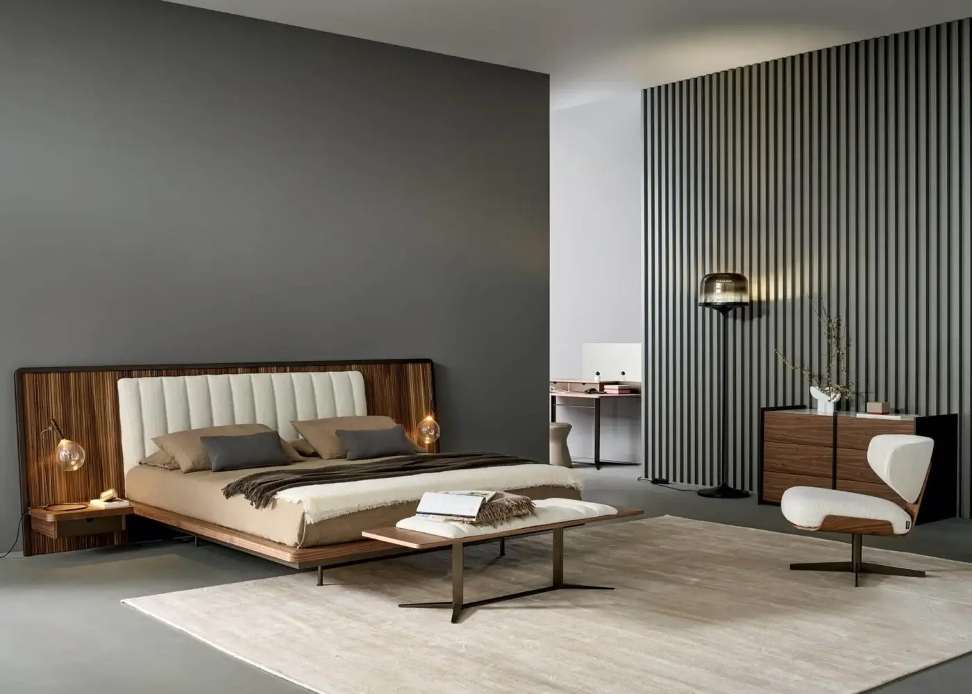 Elegant Bonaldo Nelson bench in veneered Canaletto Walnut wood with a dark metal base and light textile cushion