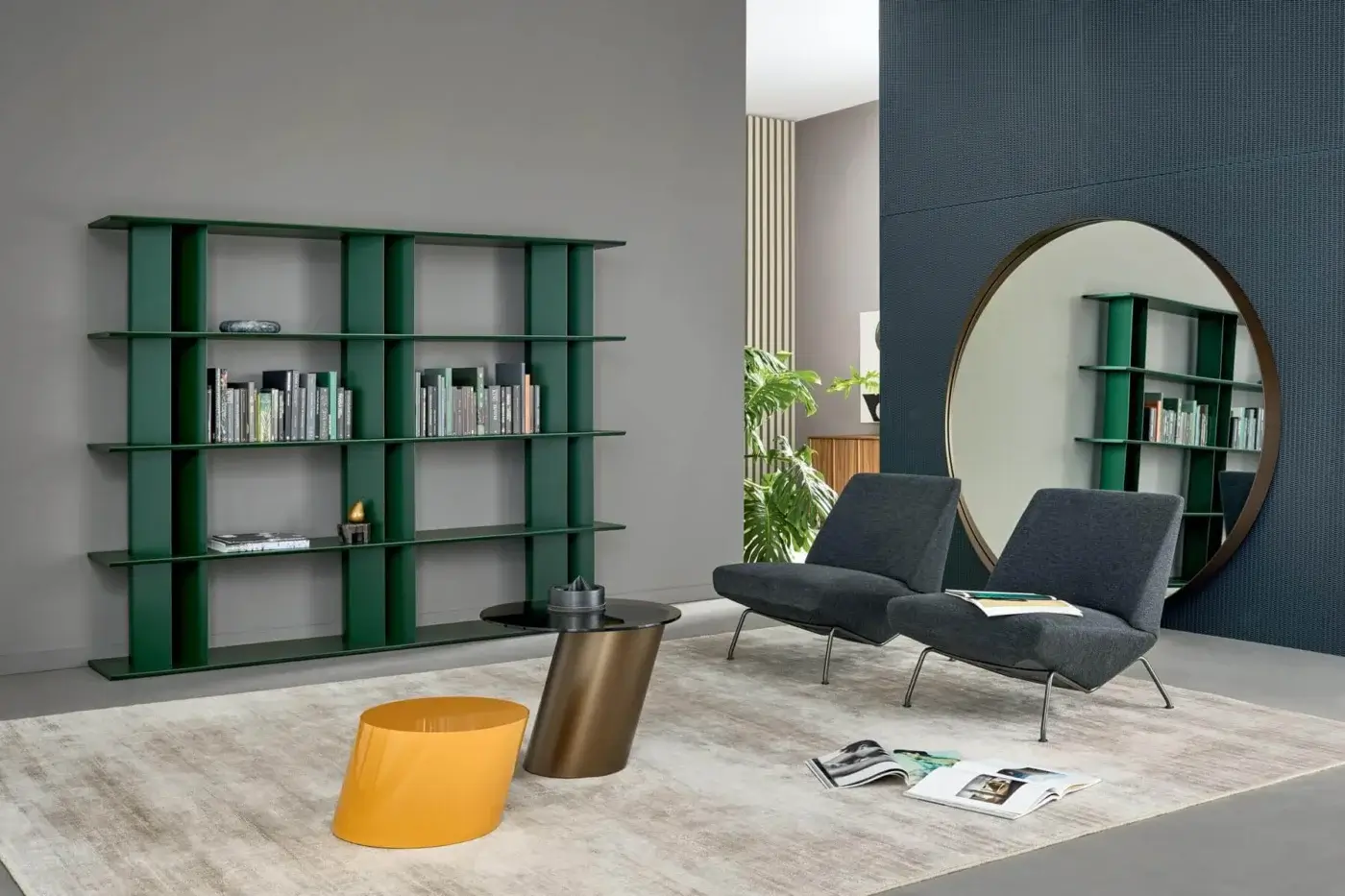 Distinguished Bonaldo Dogma bookcase with coal oak wood shelves and metal uprights in a deep green matte finish