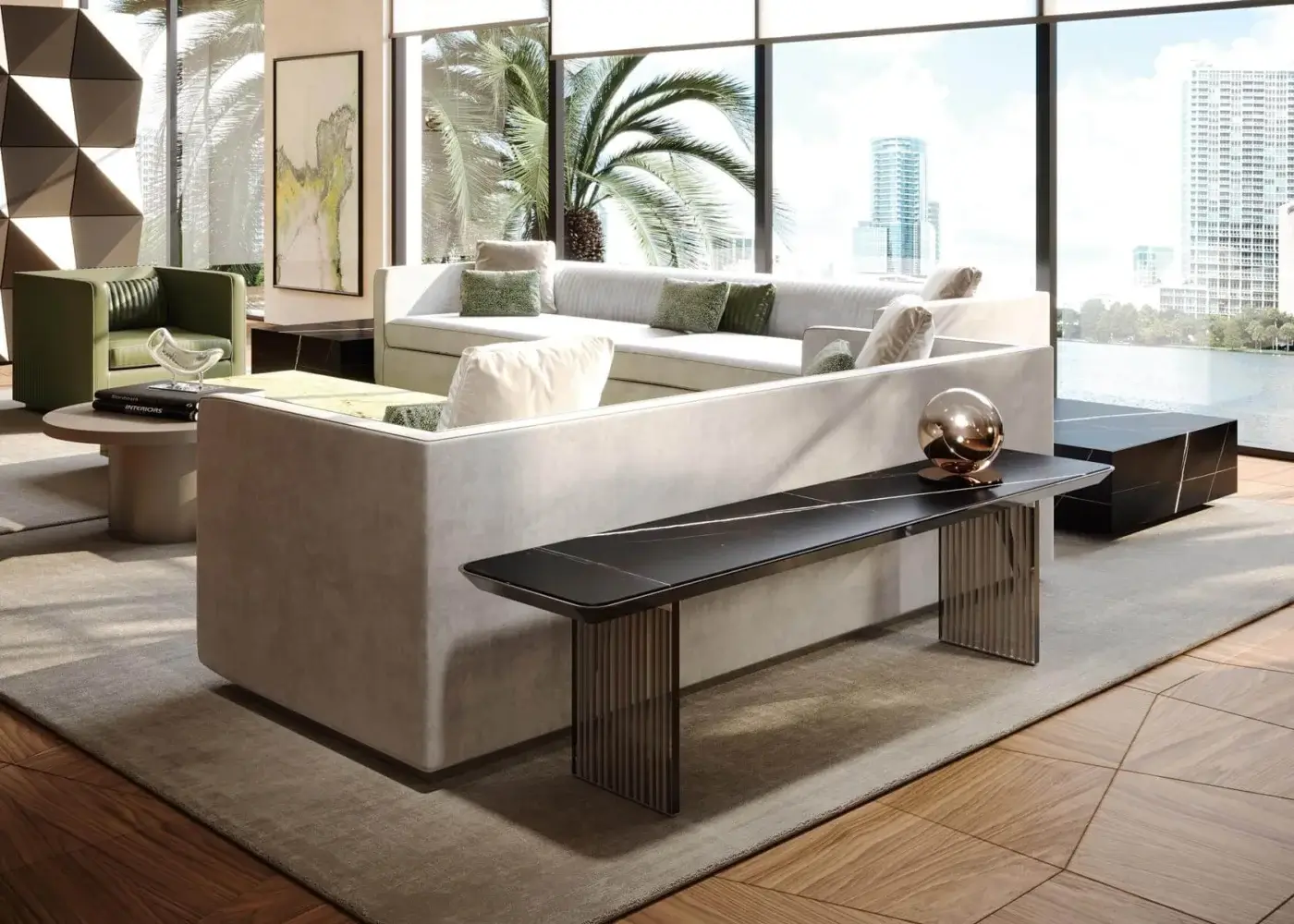 Elegant Reflex Monolite sofa back console with bronze lacquered wood and dark stone-like glass legs