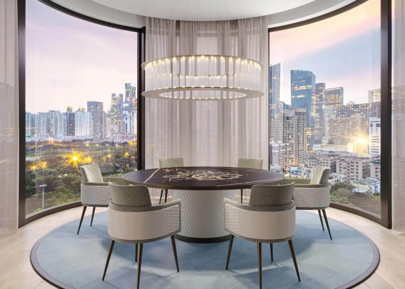 Exclusive Reflex Big Ben table with round wooden top, Marble Glass inserts and quilted leather cylinder base built with visible gold and chrome gears