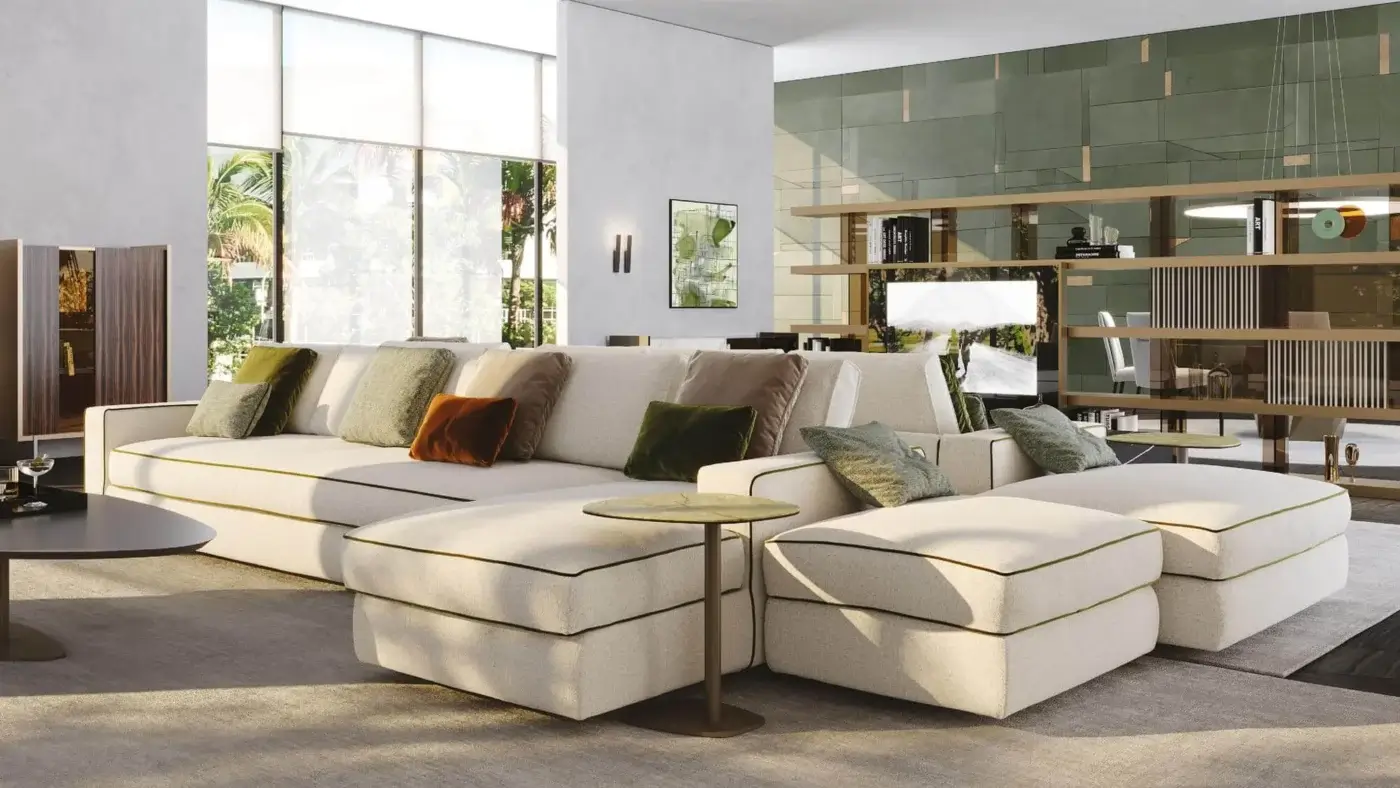Distinguished Reflex Adone ottoman upholstered in smooth light beige textile with delicate green trim crafted in Italy