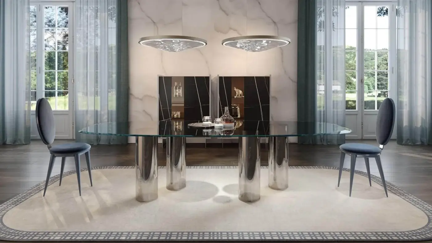 Distinguished Reflex Signore degli Anelli table with extra-clear glass top and Murano glass cylinders supporting a glossy finish