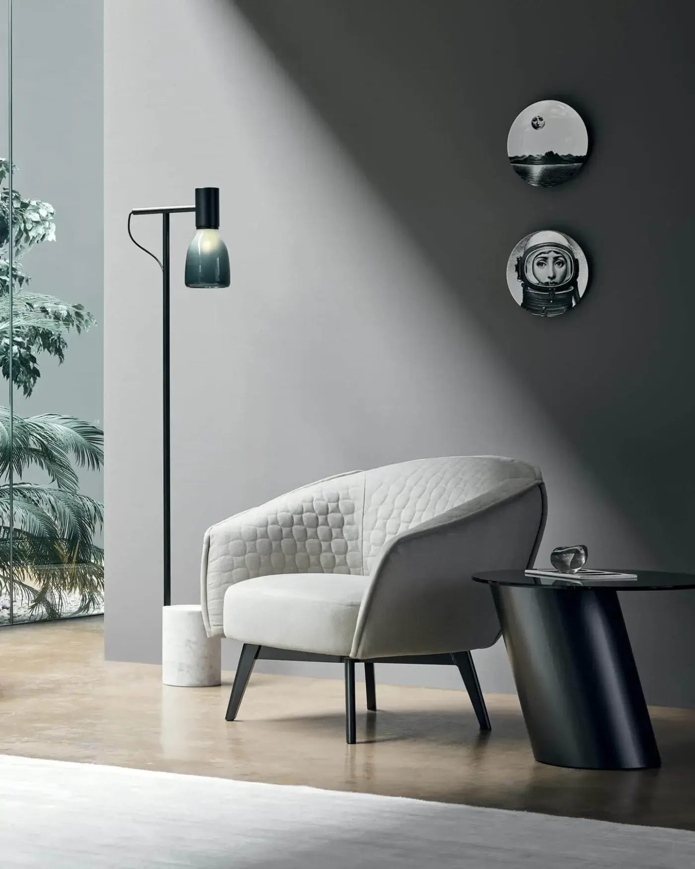 Refined Bonaldo Acquerelli floor lamp with gradient blown glass lampshade and white marble base crafted in black lead metal