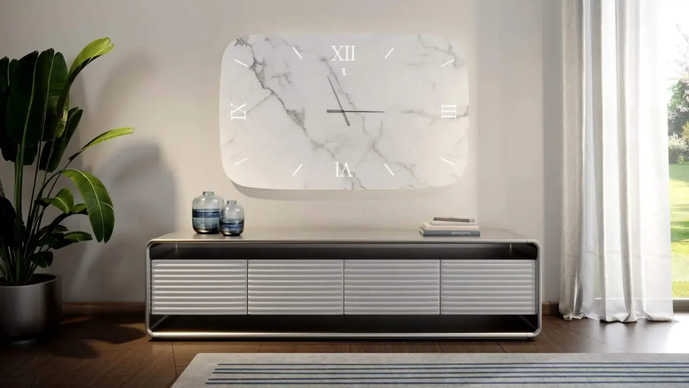 Exceptional Reflex Oh sideboard with shaped rounded wood, leather doors displaying quiltings, and satin metallic bronze finish