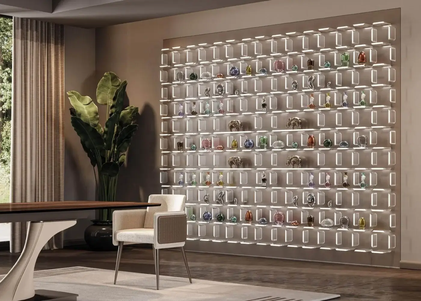 Distinguished Reflex Aurora shelf with illuminated transparent glass and Marble Glass wall panel crafted in Italy