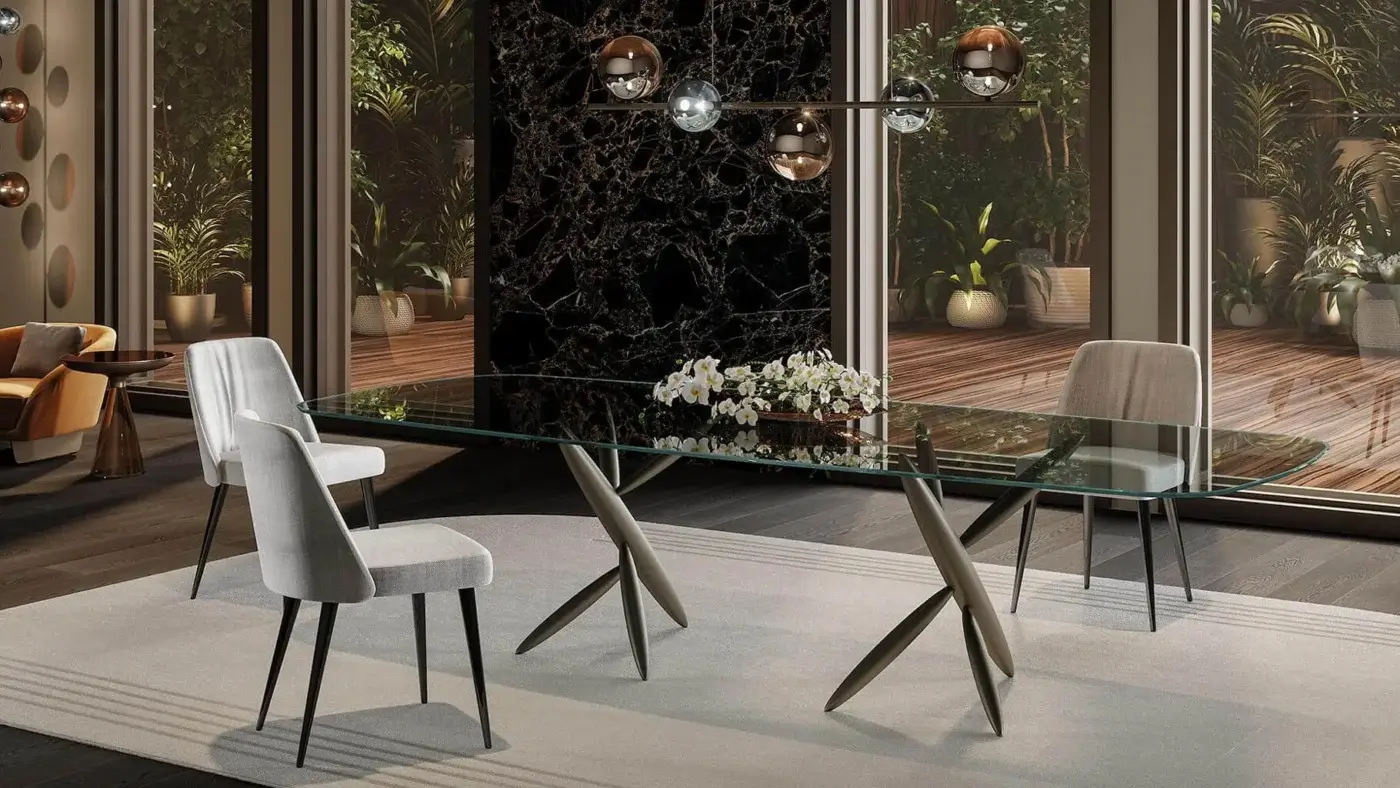 Exceptional Reflex Pitto table with an innovative composite base and rectangular glass top in a metallic finish