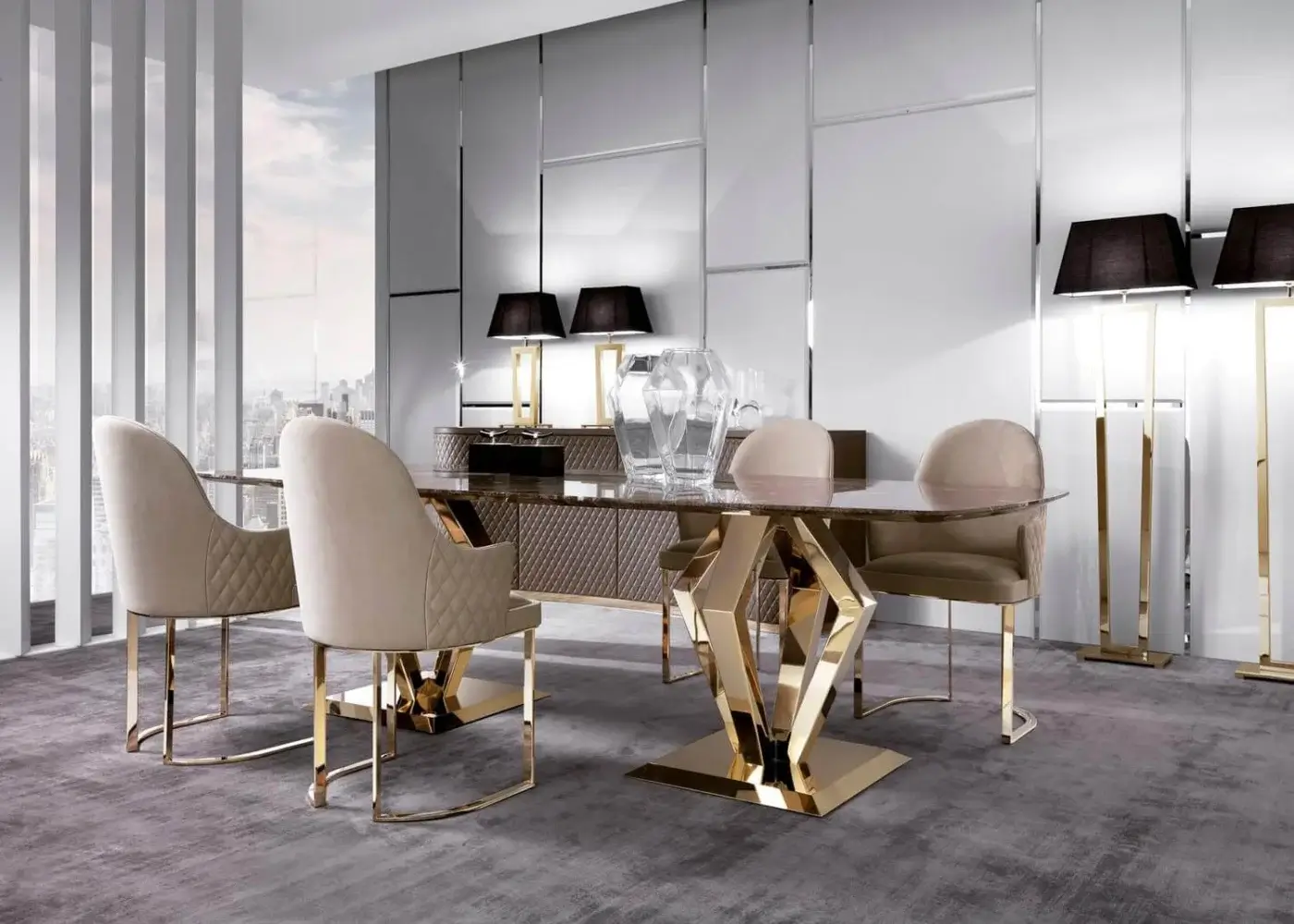 Exclusive DV Home Collection Deco armchair with light beige quilted textile upholstery and glossy golden steel base