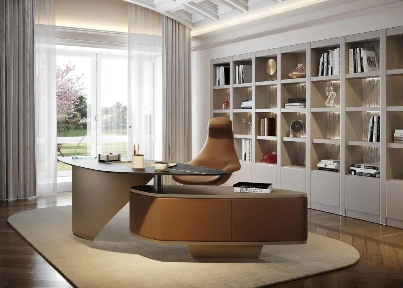Distinguished Reflex Avantgarde bookcase with shiny lacquered wood and white lacquered glass backs in light gray matte finish