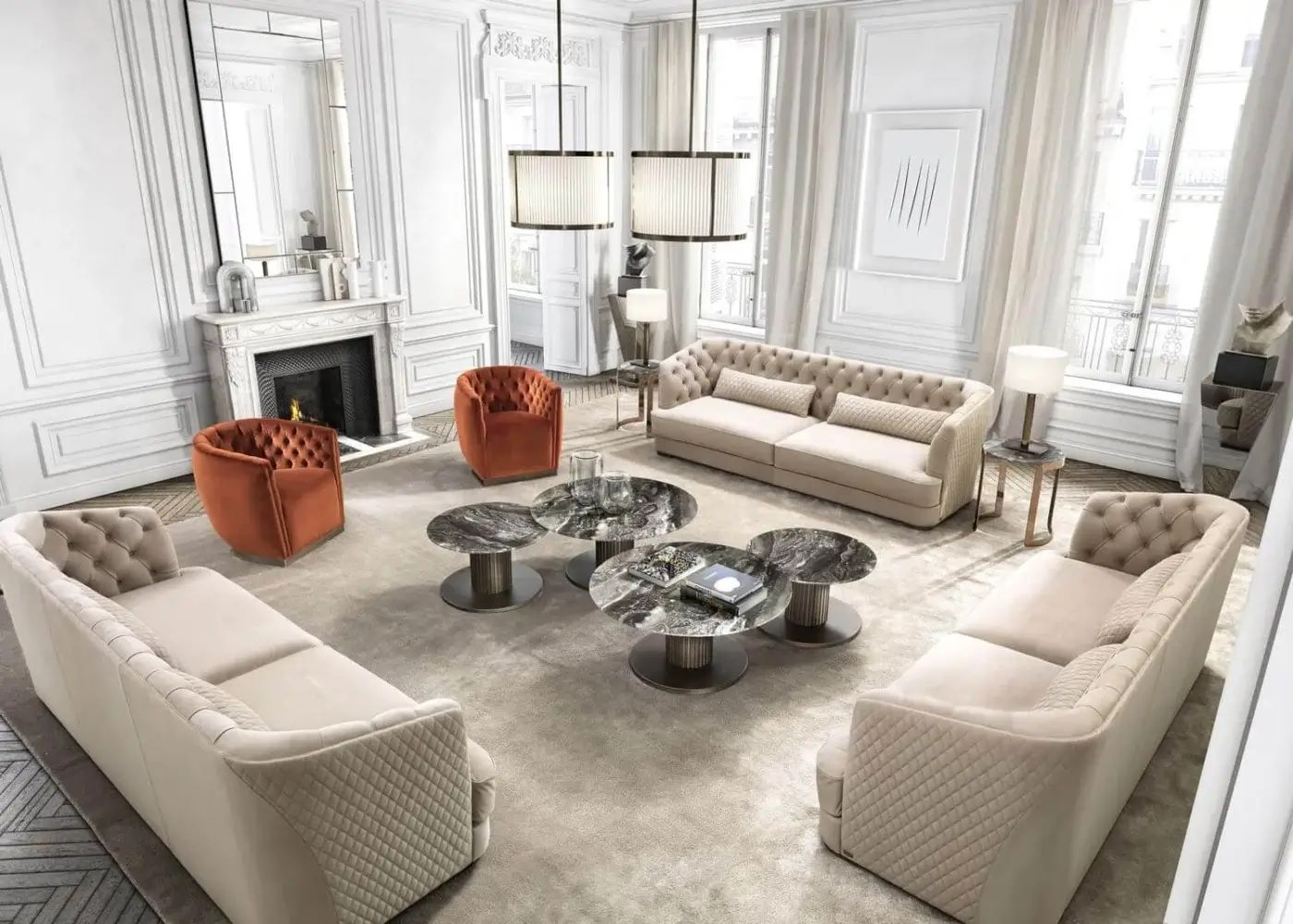 Distinguished DV Home Collection Epoque lounge chair with muted orange textile and tufted backrest built with a sleek metal base