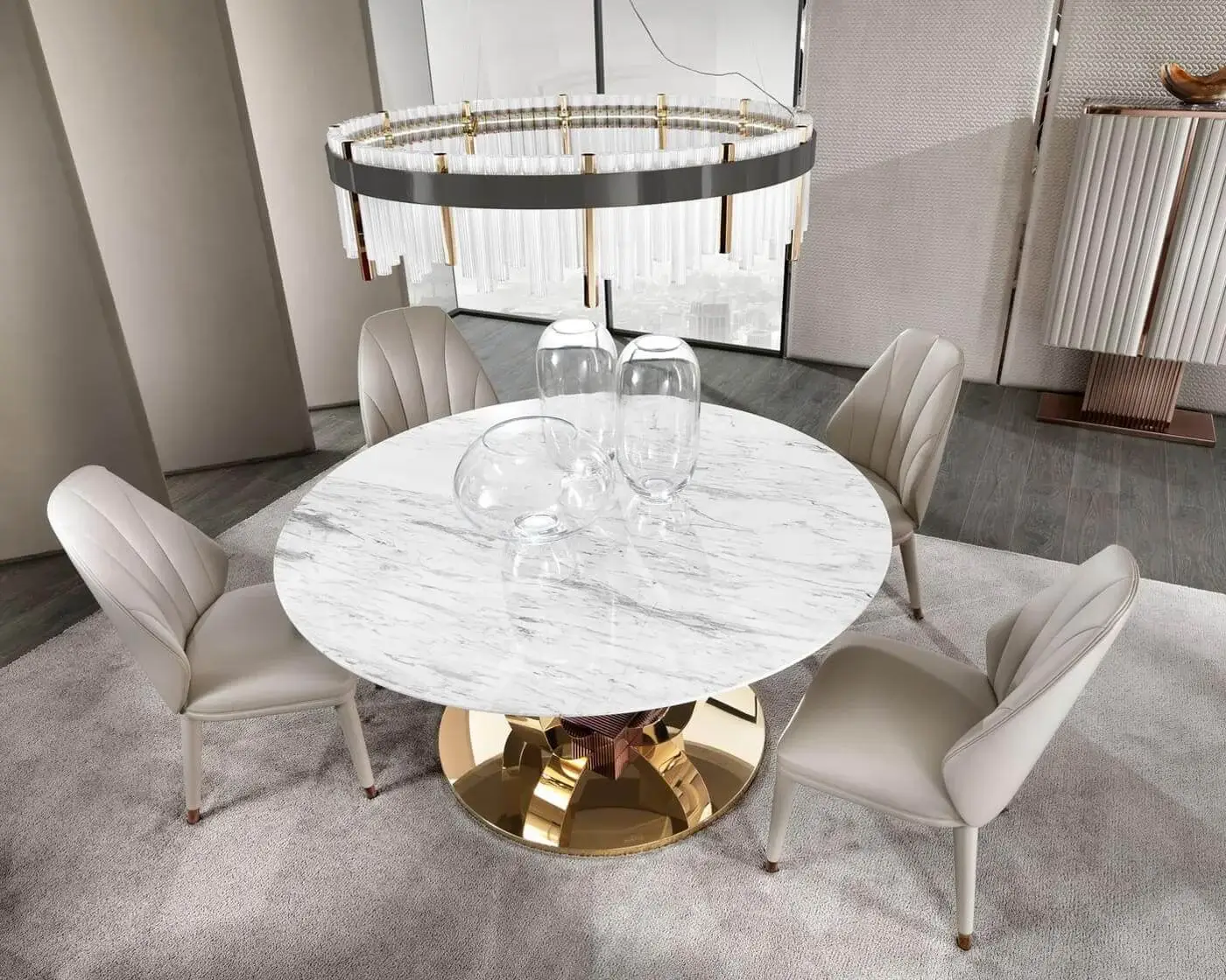 Elite DV Home Collection chair with light beige fabric or leather upholstery and gold accented steel feet
