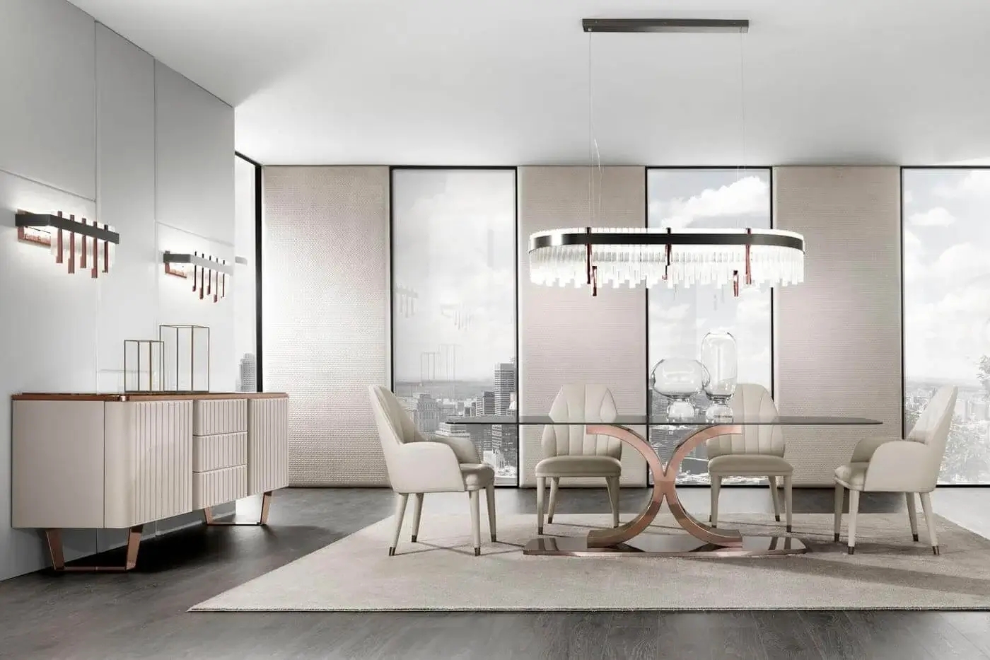 Elite DV Home Collection armchair with smooth light beige fabric upholstery and sleek copper-tone steel feet