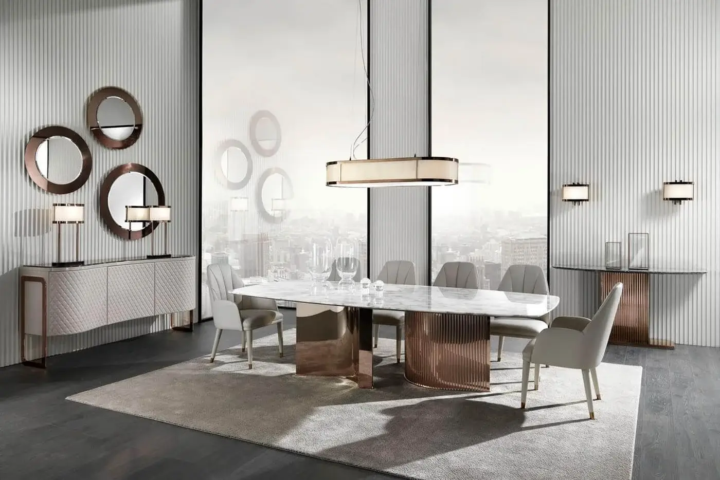 Lavish DV Home Collection armchair with light beige textile upholstery and copper-toned metal legs crafted in Italy