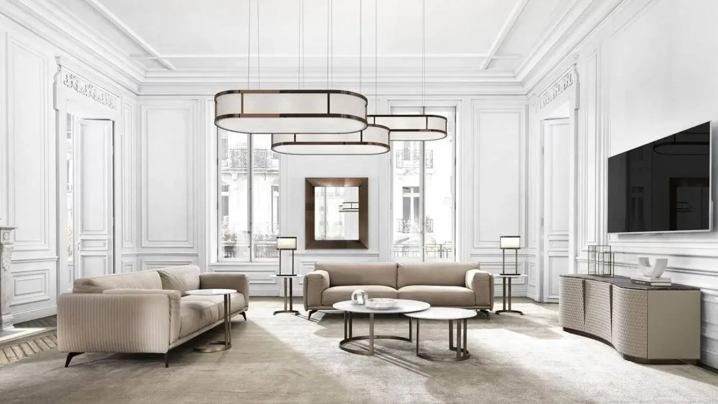 Captivating DV Home Collection Tiffany sofa with multilayered beige textile upholstery and shining stainless steel frame