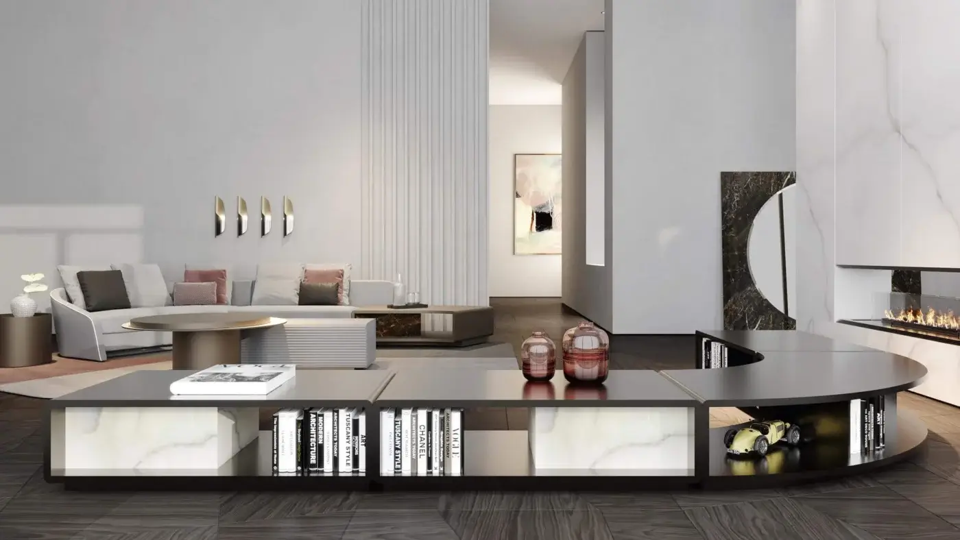 Exclusive Reflex Space bookcase with a dark gray painted metallic finish and white Marble Glass drawers