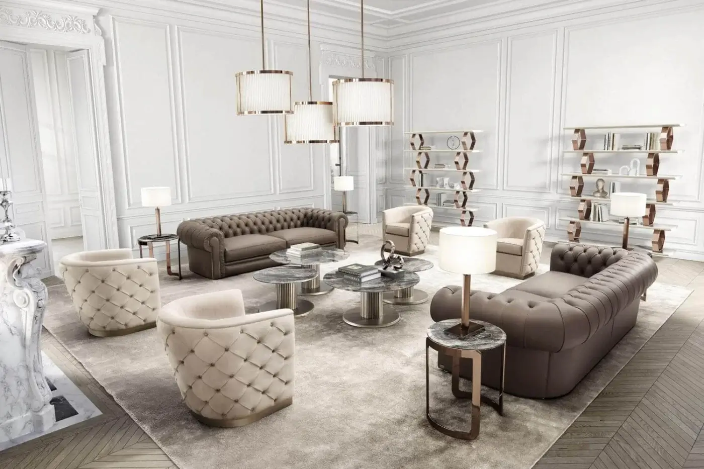 Distinguished DV Home Collection Coco side table with marble top and high-end steel base in Frappuccino finish