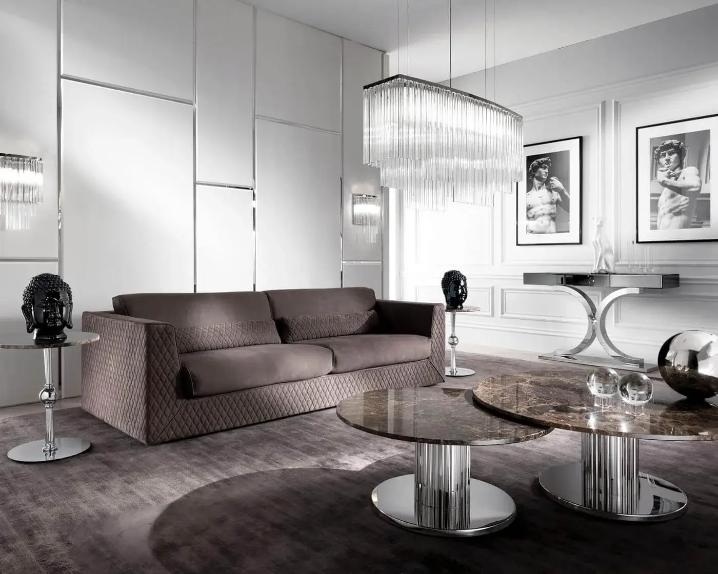 Elegant DV Home Collection Kent Plus console with stainless steel base and natural mirror covered MDF top frame