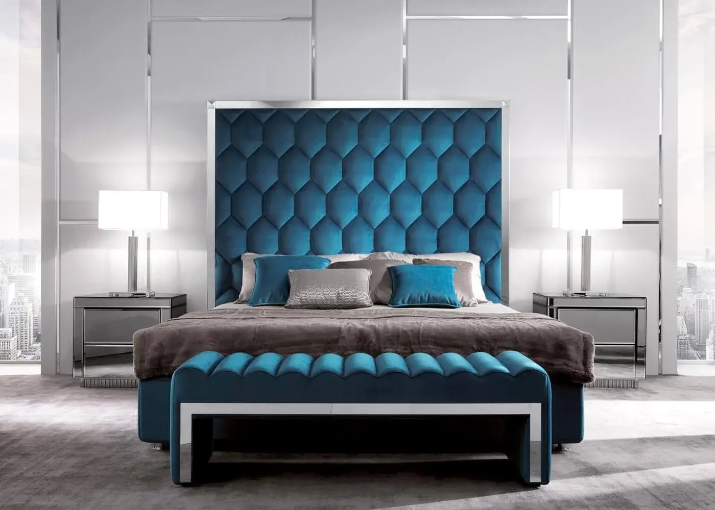 Superior DV Home Collection Windsor table lamp with teal fabric lampshade and high-end metal structure crafted in Italy