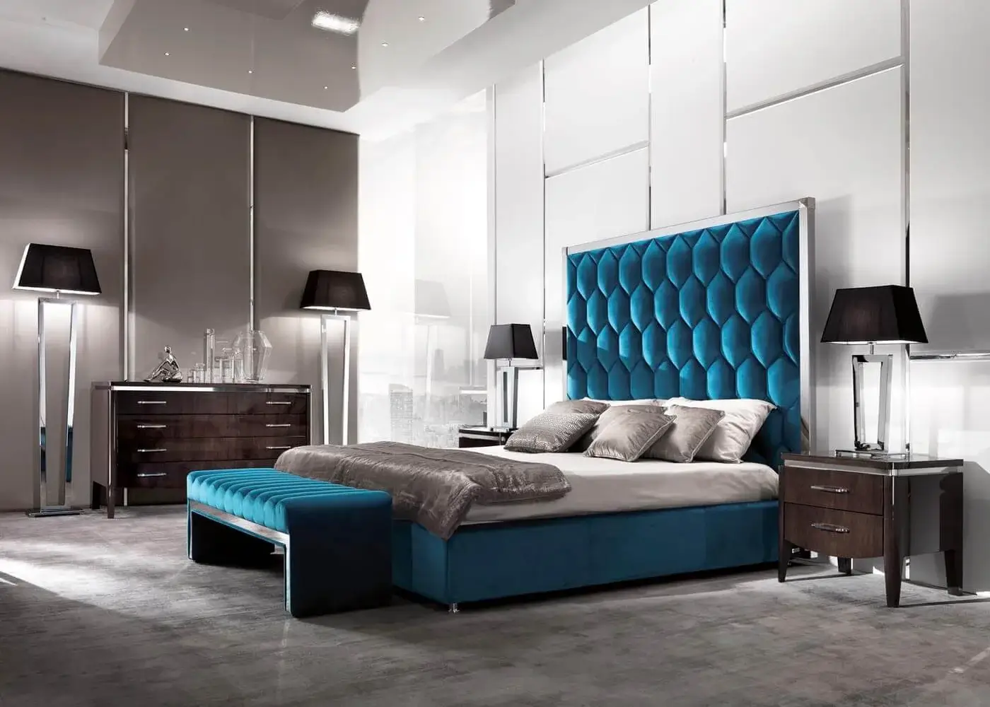 Refined DV Home Collection Deco table lamp with vibrant blue textile headboard and smooth metal structure