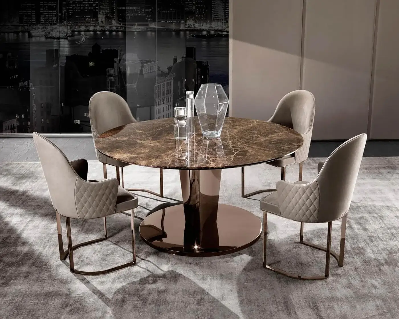 Distinguished DV Home Collection Stanley table with glossy lacquered wood and reflective bronze toned stainless steel base