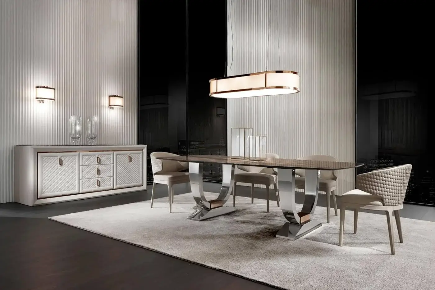 Superior DV Home Collection Hermes table with a transparent brown-toned tabletop and high-end stainless steel base