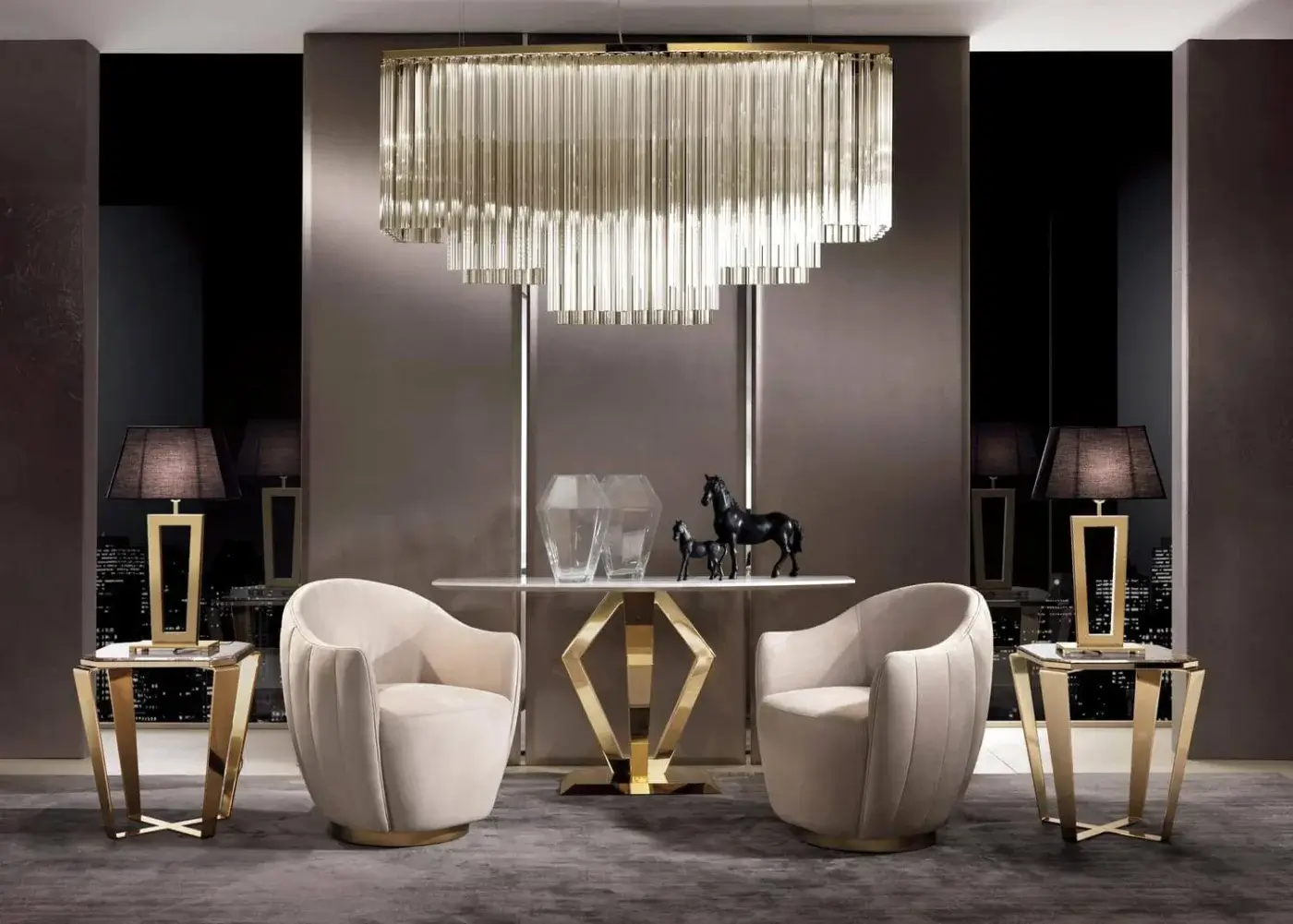Superior DV Home Collection Vogue rug handwoven in Italy with white viscose and geometric gold-colored metal base