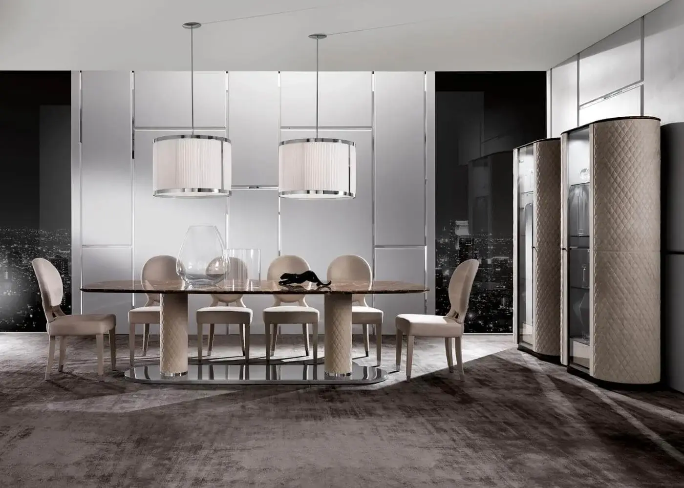 Distinguished DV Home Collection Adler table with oval marble top and quilted beige leather columns, built with a glossy stainless steel base