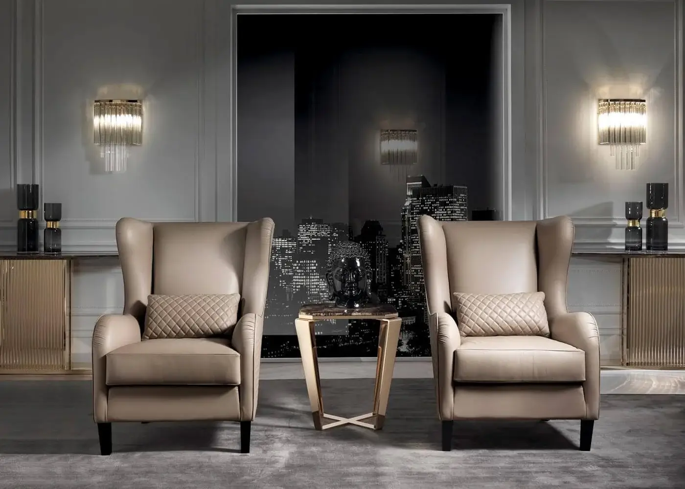 Distinguished DV Home Collection Windsor lounge chair in light beige textile with Cacao Walnut finished solid wood feet