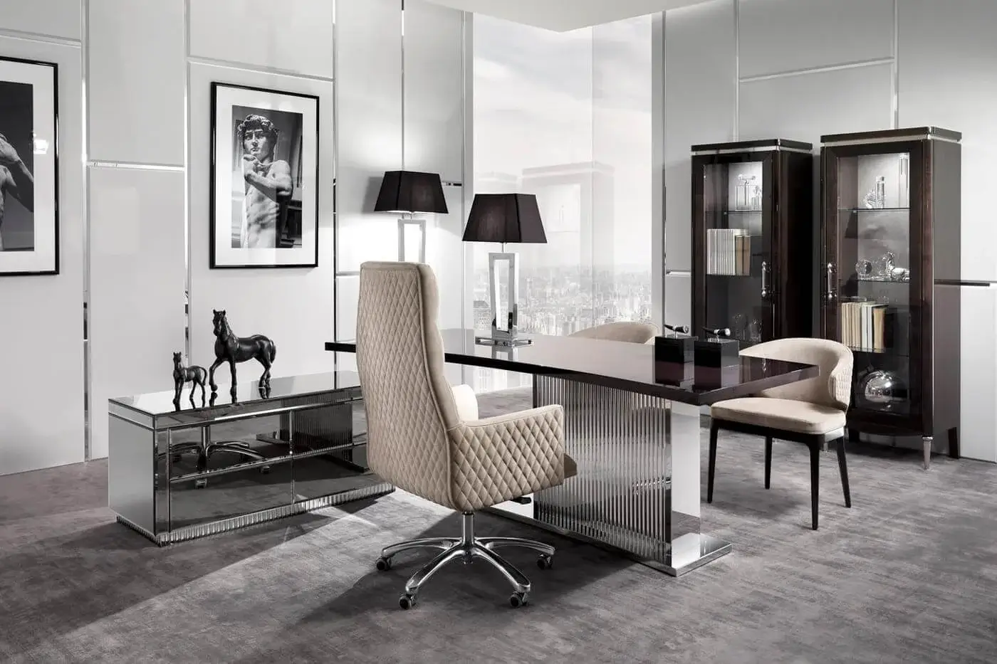 Distinguished DV Home Collection Windsor office armchair with quilted light beige fabric and five point swivel aluminum base