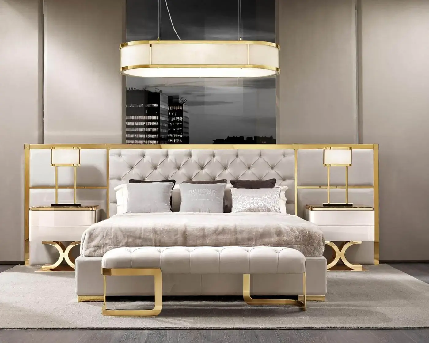 Distinctive DV Home Collection Coco bench crafted in Italy with comfortable fabric upholstery and lustrous golden steel legs