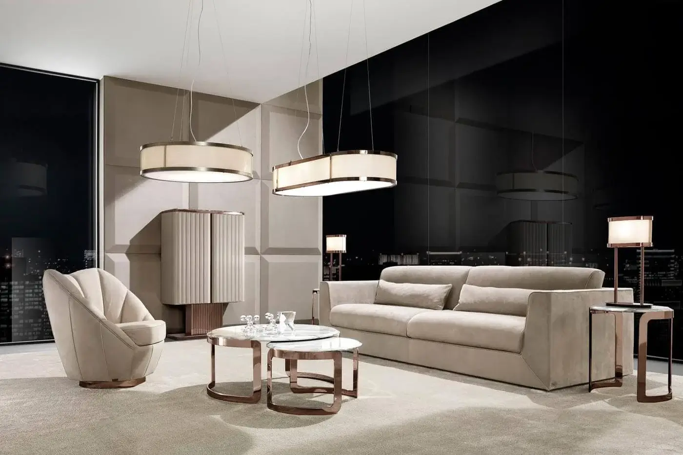 Distinguished DV Home Collection Coco side table with light beige marble top and ribbed doors in a matte finish