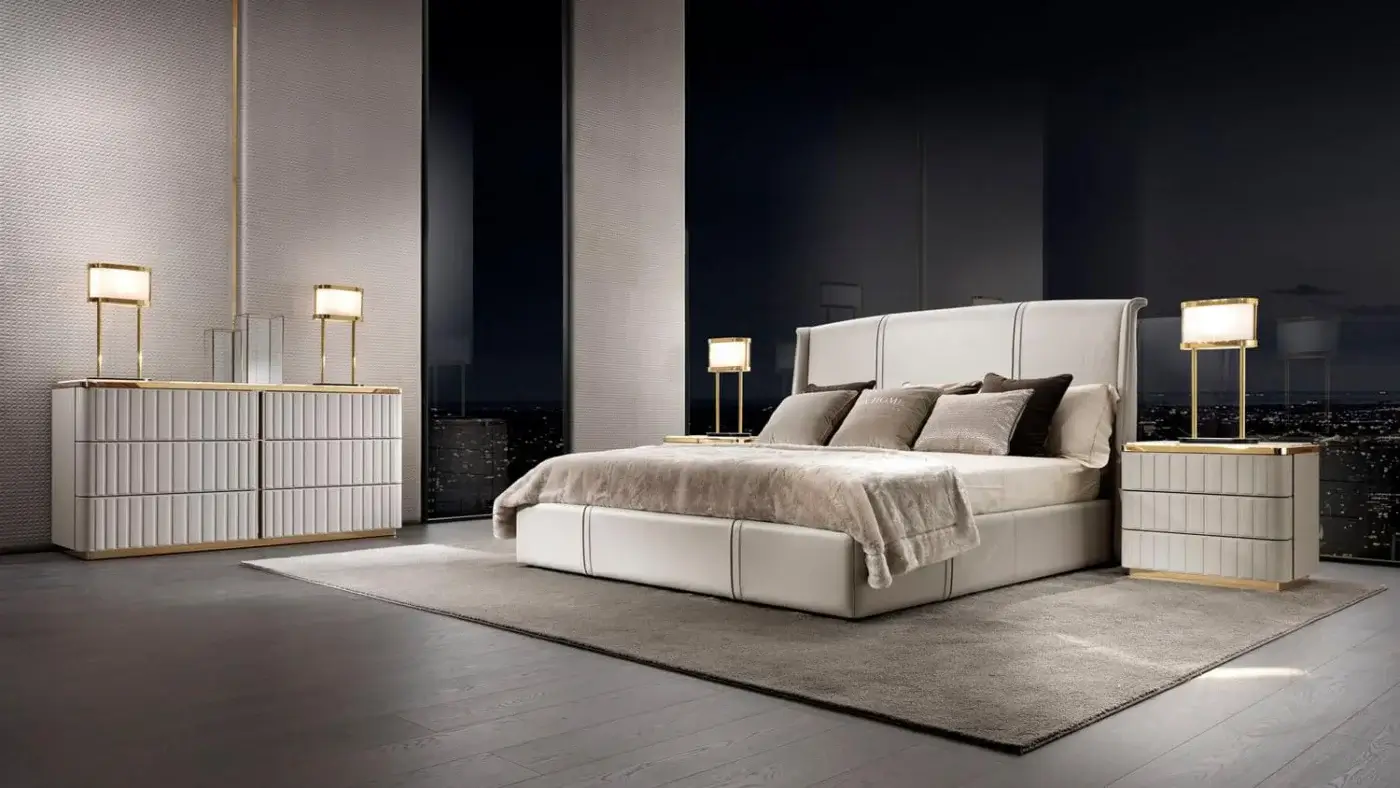 Distinguished DV Home Collection Elite nightstand built with light cream glossy finish and refined leather detailing